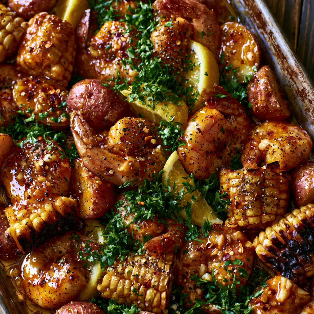 Seafood Bake with Glossy Cajun Garlic Butter and Roasted Potatoes 2 Close-up of succulent shrimp and caramelized corn in an amber-orange garlic butter sauce (seafood bake).