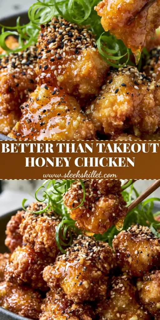 A pile of golden-brown Chinese Honey Chicken bites in a dark stoneware bowl, glistening with amber garlic glaze and topped with black and white sesame seeds.