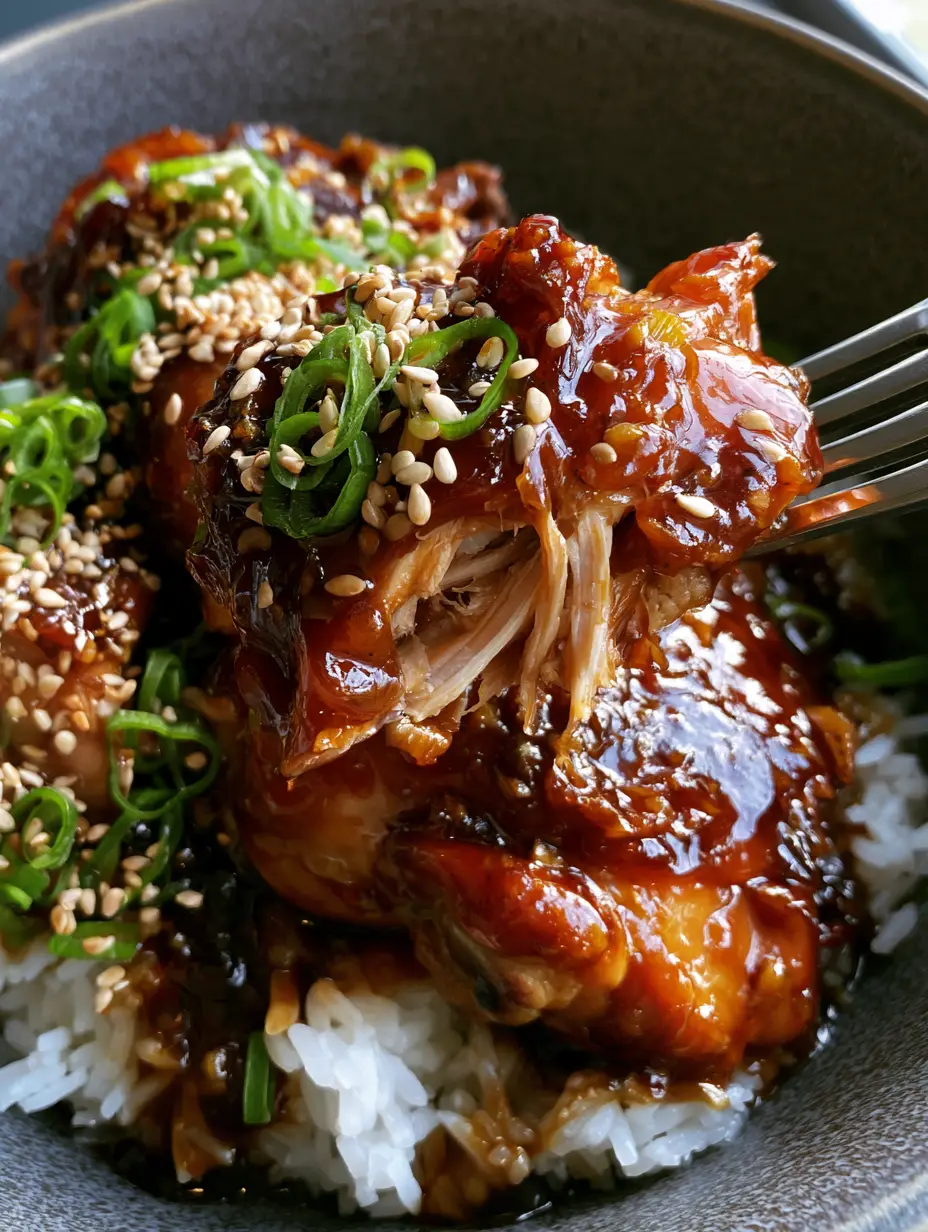 Extreme close-up of tender Slow Cooker Sticky Honey Chicken thighs being lifted by a fork, meat fibers visible, coated in thick mahogany honey garlic glaze.