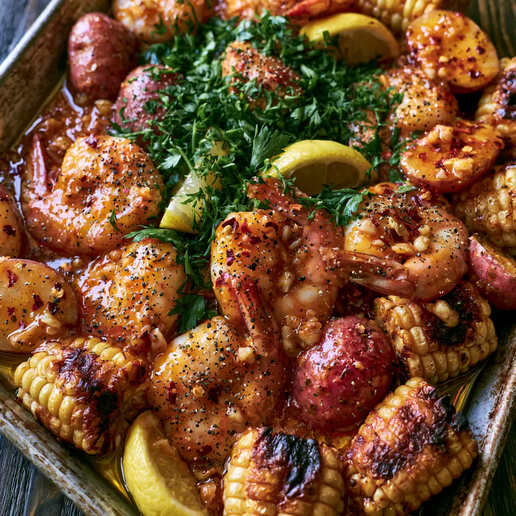 Seafood Bake with Glossy Cajun Garlic Butter and Roasted Potatoes 1 Diagonal top-down view of a Cajun seafood bake garnished with fresh parsley and yellow lemon wedges.