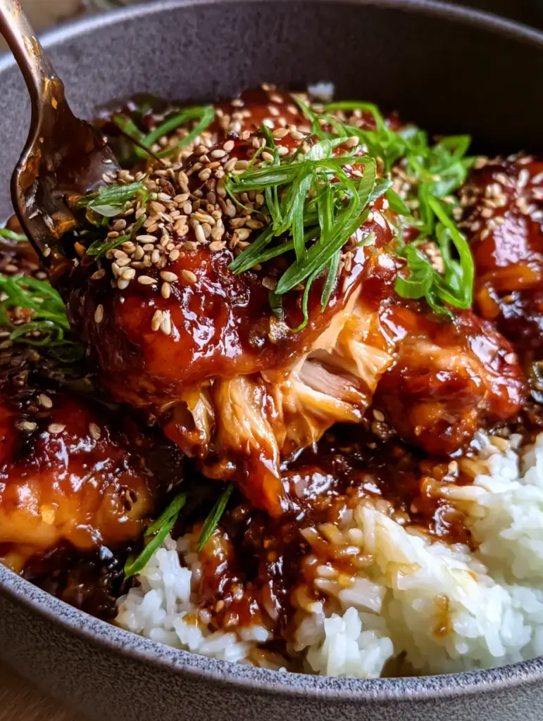Slow Cooker Sticky Honey Chicken in a charcoal ceramic bowl with fluffy jasmine rice, garnished with scallions and sesame seeds.