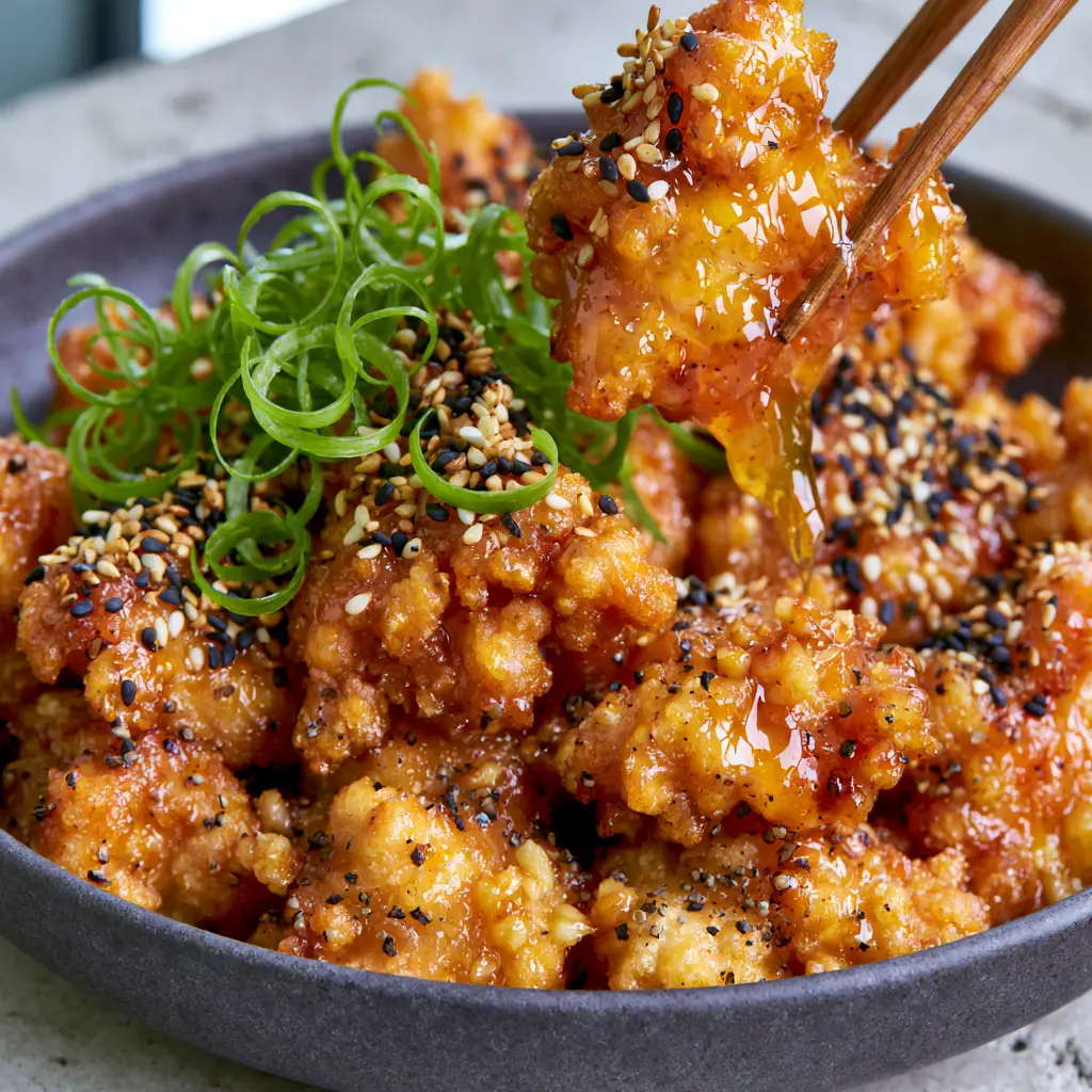 A close-up view of Chinese Honey Chicken pieces with visible specks of garlic and black pepper in a glistening honey glaze.