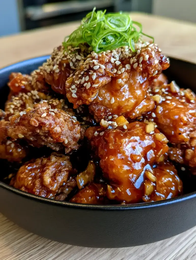 Crispy Chinese Honey Chicken With A Thick Garlic Reduction Glaze 2 Close-up of crispy chinese honey chicken showing craggy golden edges and sticky sauce.