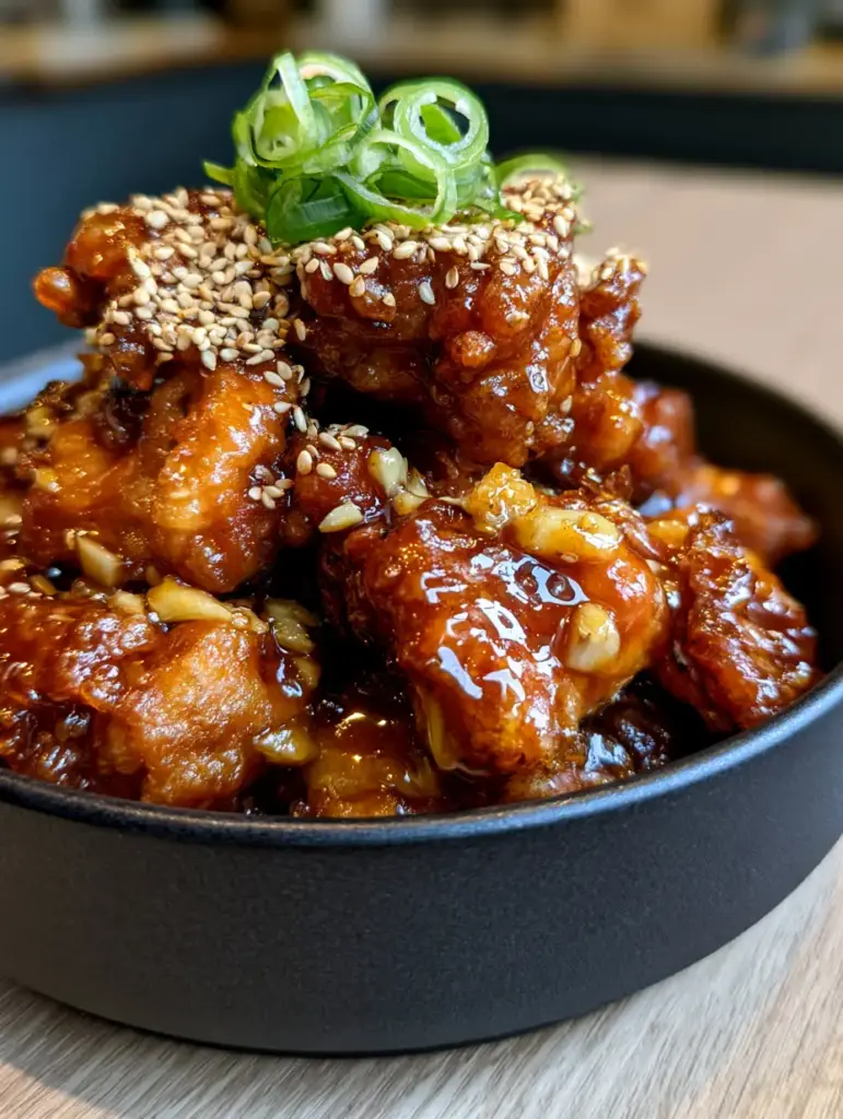 Crispy Chinese Honey Chicken With A Thick Garlic Reduction Glaze 1 A smartphone photo of crispy chinese honey chicken on a wooden table in a black ceramic vessel.
