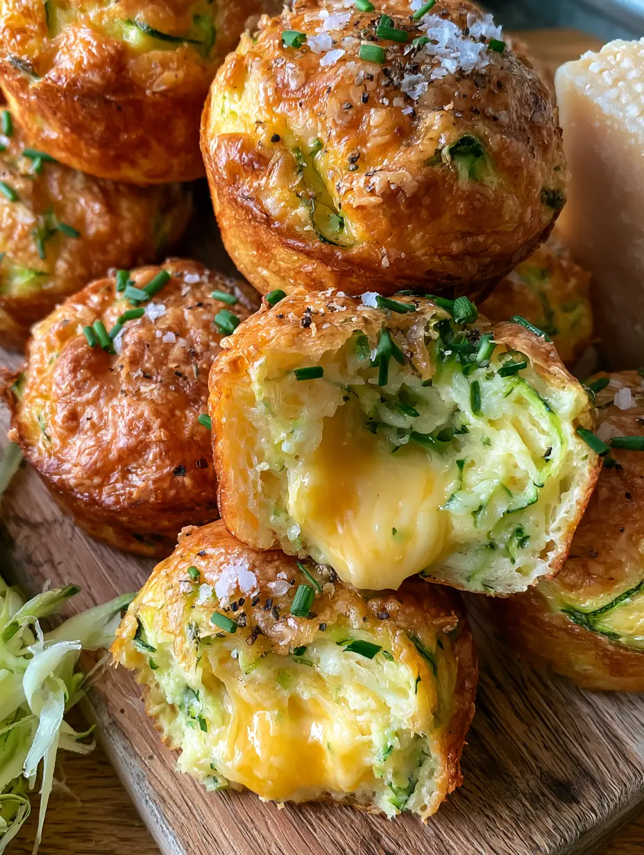 Top-down macro shot of Parmesan Zucchini Muffins with visible chives, sea salt, and black pepper on a rustic surface. (Parmesan Zucchini Muffins)