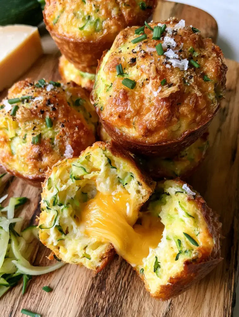 A Parmesan Zucchini Muffin torn in half to reveal a molten gooey sharp cheddar cheese center and airy crumb.
