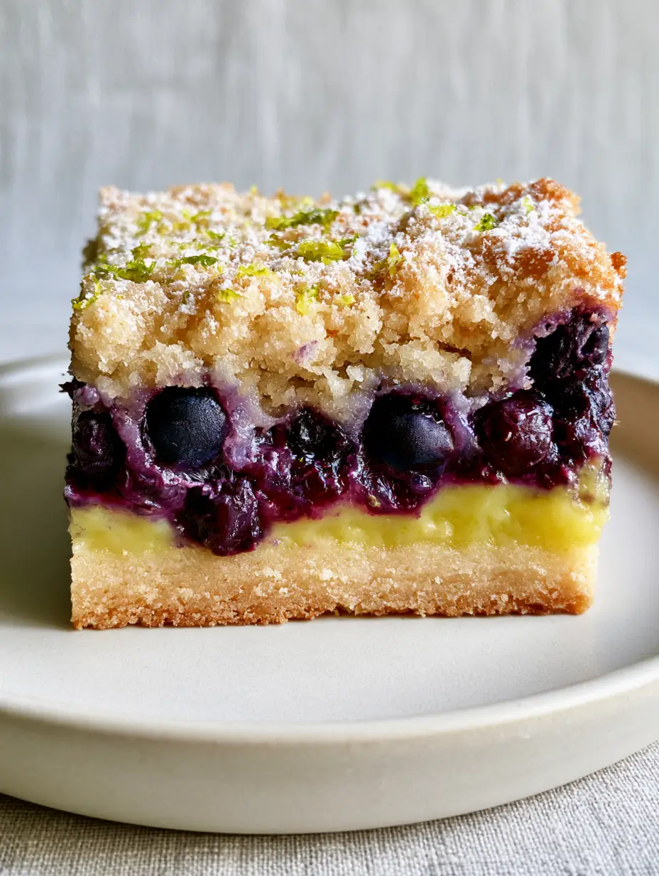 Macro handheld photo of a single Blueberry Lemon Pie Bar showing perfect internal layers of yellow curd and purple blueberries.