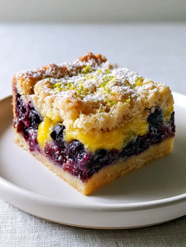 A close up of Blueberry Lemon Pie Bars on a matte white plate with a linen background and bright natural light.