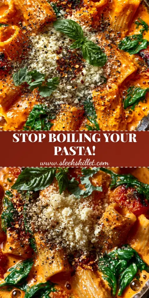 A rustic black cast iron skillet filled with glossy one pan creamy tomato pasta, rigatoni, blistered cherry tomatoes, and wilted spinach. (one pan creamy tomato pasta)