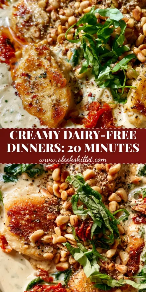 A top-down view of creamy Tuscan chicken medallions in a cashew sauce with spinach and sun-dried tomatoes. (Paleo dairy-free recipes)