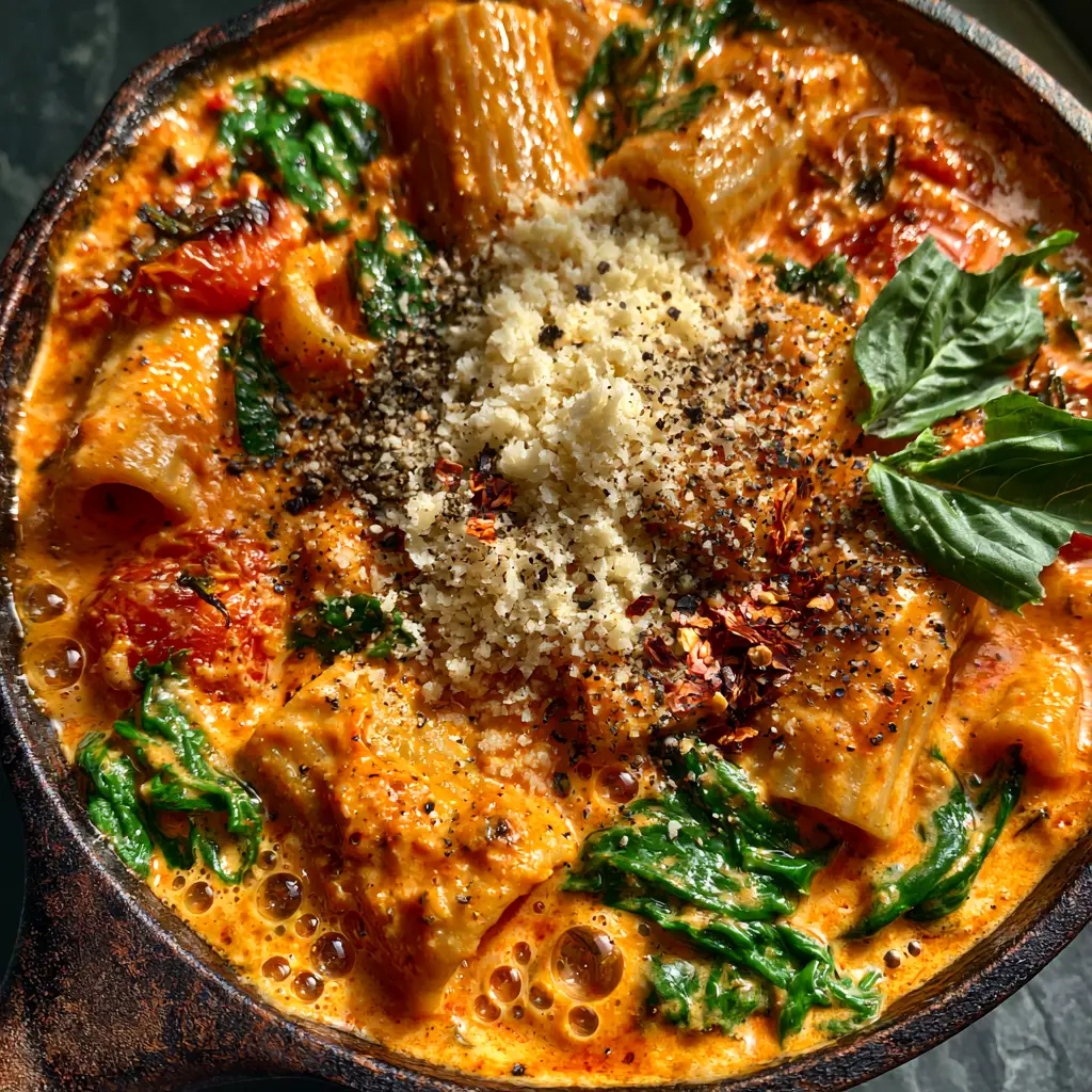 Close up of blistered cherry tomatoes and fluffy parmesan cheese over a one pan creamy tomato pasta.