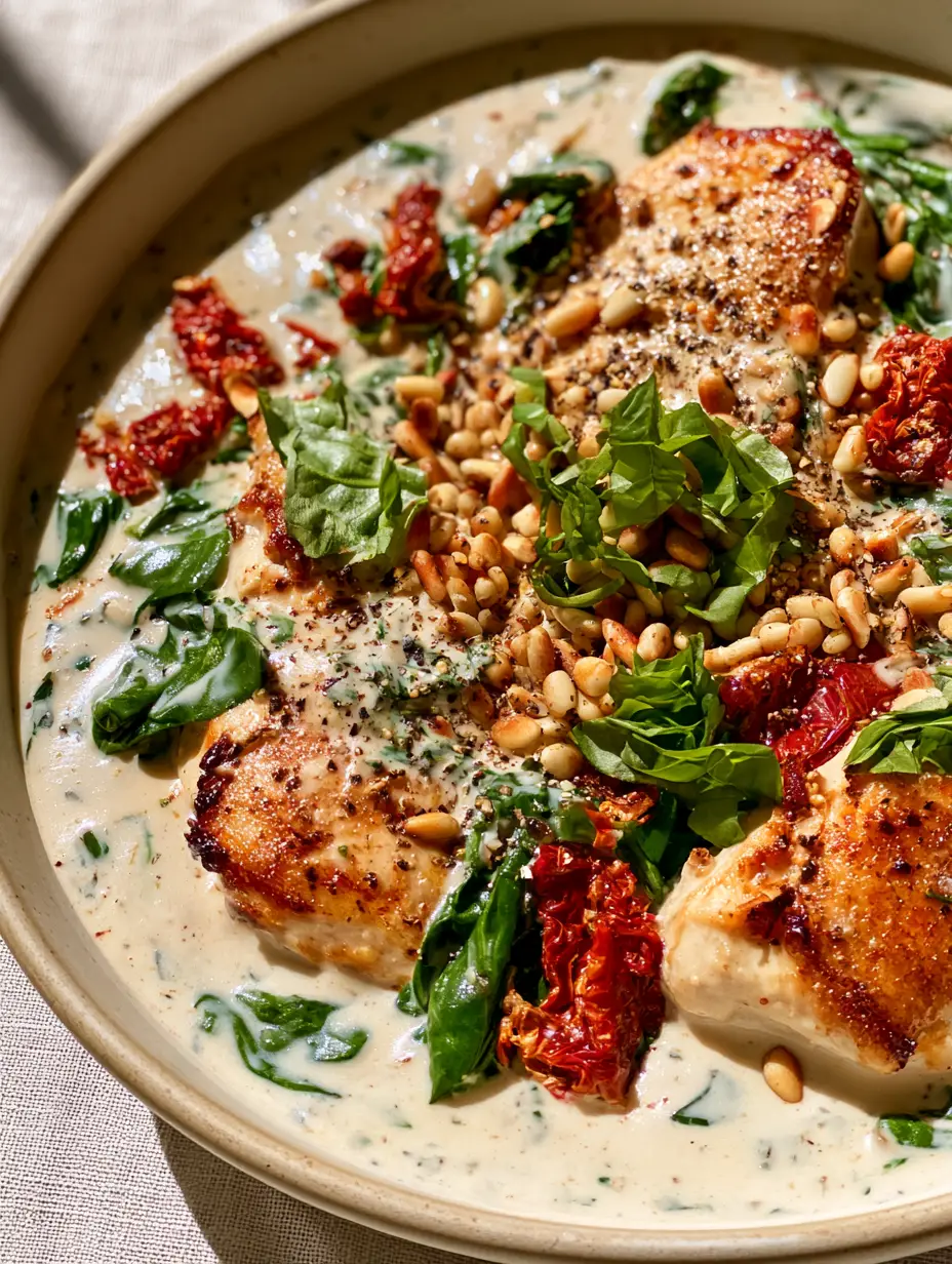 Close-up of golden seared chicken medallions in a velvety white sauce with vibrant spinach and basil. (Paleo dairy-free recipes)