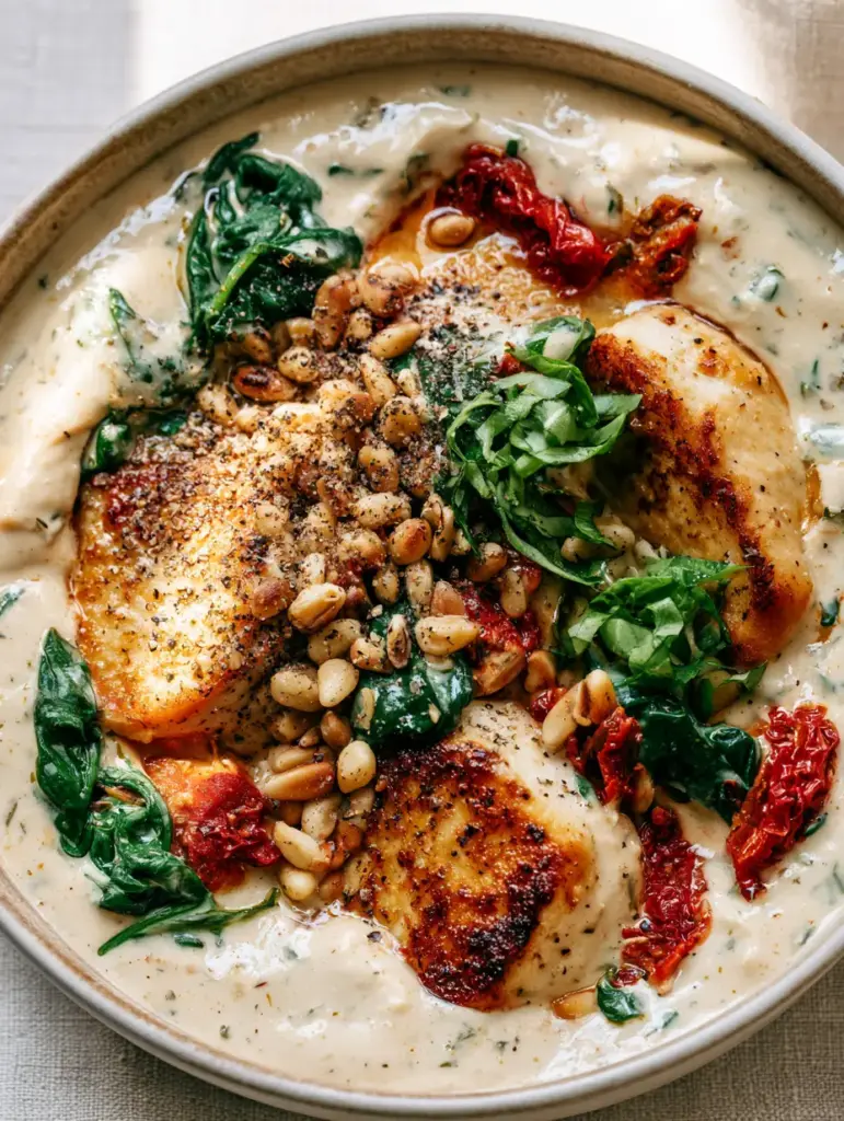 Top-down angled photo of creamy Tuscan chicken in a bowl with herb oil drizzle and pine nuts.