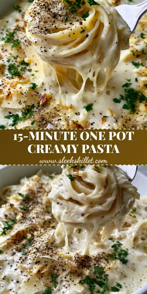 A close-up vertical shot of Creamy pasta recipe featuring fettuccine in a thick white sauce with parmesan ribbons and black pepper.