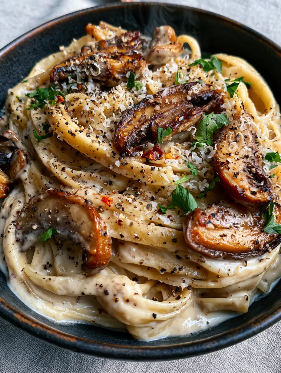 High-angle view of creamy garlic mushroom pasta featuring thick fettuccine and golden-seared cremini mushrooms.