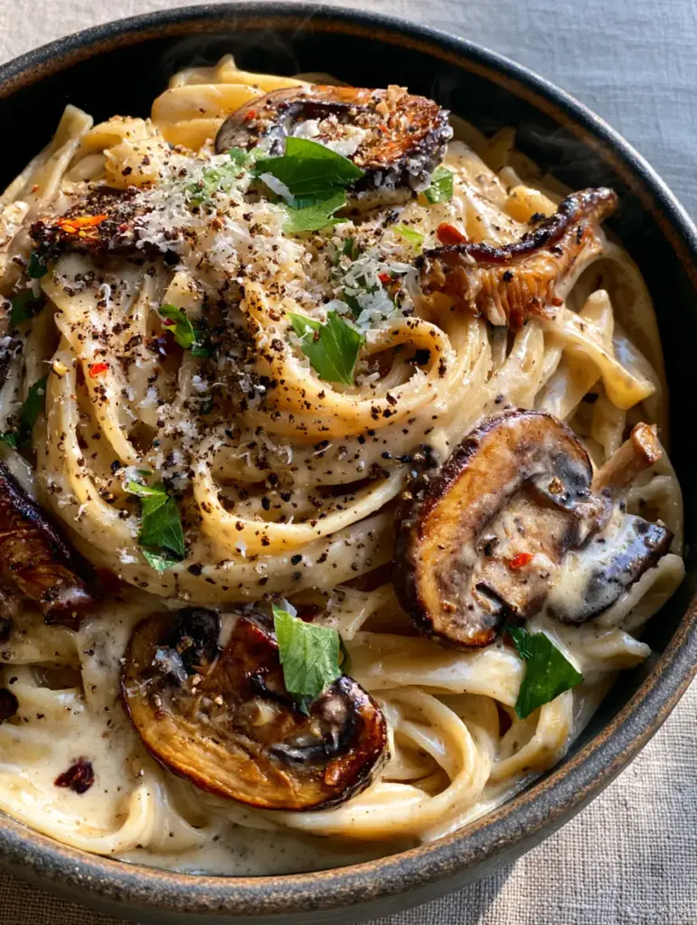 Rustic matte black bowl filled with creamy garlic mushroom pasta, garnished with micro-planed parmesan and chili flakes.