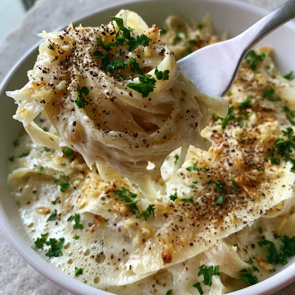A fork lifting a swirl of fettuccine from a Creamy pasta recipe, showcasing the stringy, silky sauce.