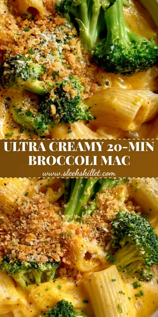 A rustic white ceramic pot filled with creamy Broccoli Mac and Cheese, featuring ridged macaroni, golden cheese sauce, and toasted panko breadcrumbs.