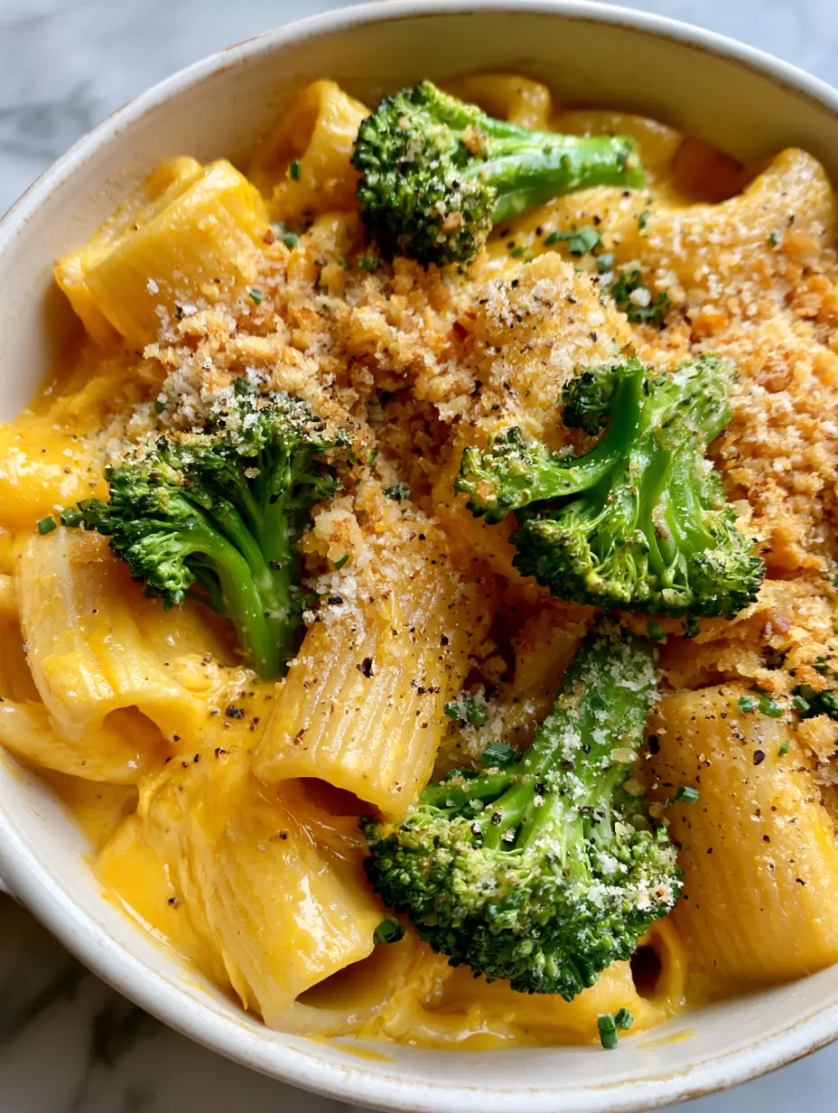 Extreme close-up of ridged macaroni in a glossy cheddar sauce with vibrant green broccoli florets. (Broccoli Mac and Cheese)