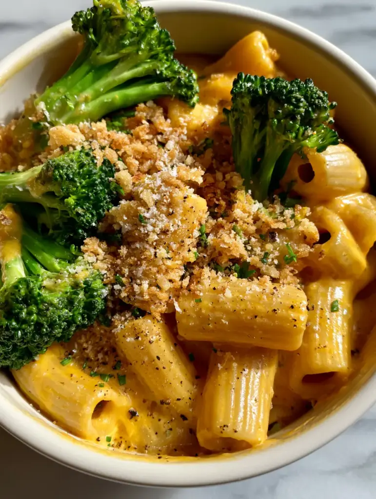 Top-down view of Broccoli Mac and Cheese topped with golden-brown panko, parmesan, and fresh chives in a rustic pot.