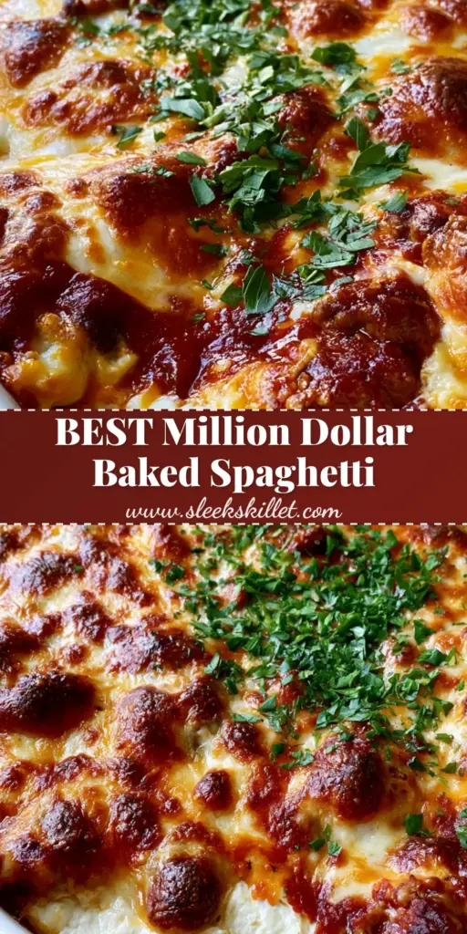 Baked Spaghetti Casserole: The Ultimate Million Dollar Pasta Bake 3 A bubbling Baked Spaghetti Casserole in a white ceramic dish with melted mozzarella and toasted cheddar spots, garnished with parsley.