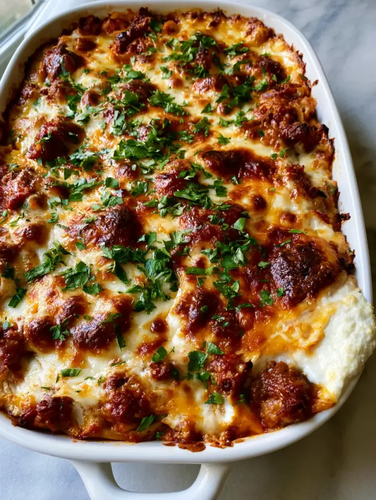 Baked Spaghetti Casserole: The Ultimate Million Dollar Pasta Bake 2 Smartphone photo of Million Dollar Baked Spaghetti Casserole showing deep red marinara and a velvety white cheese layer peaking out.