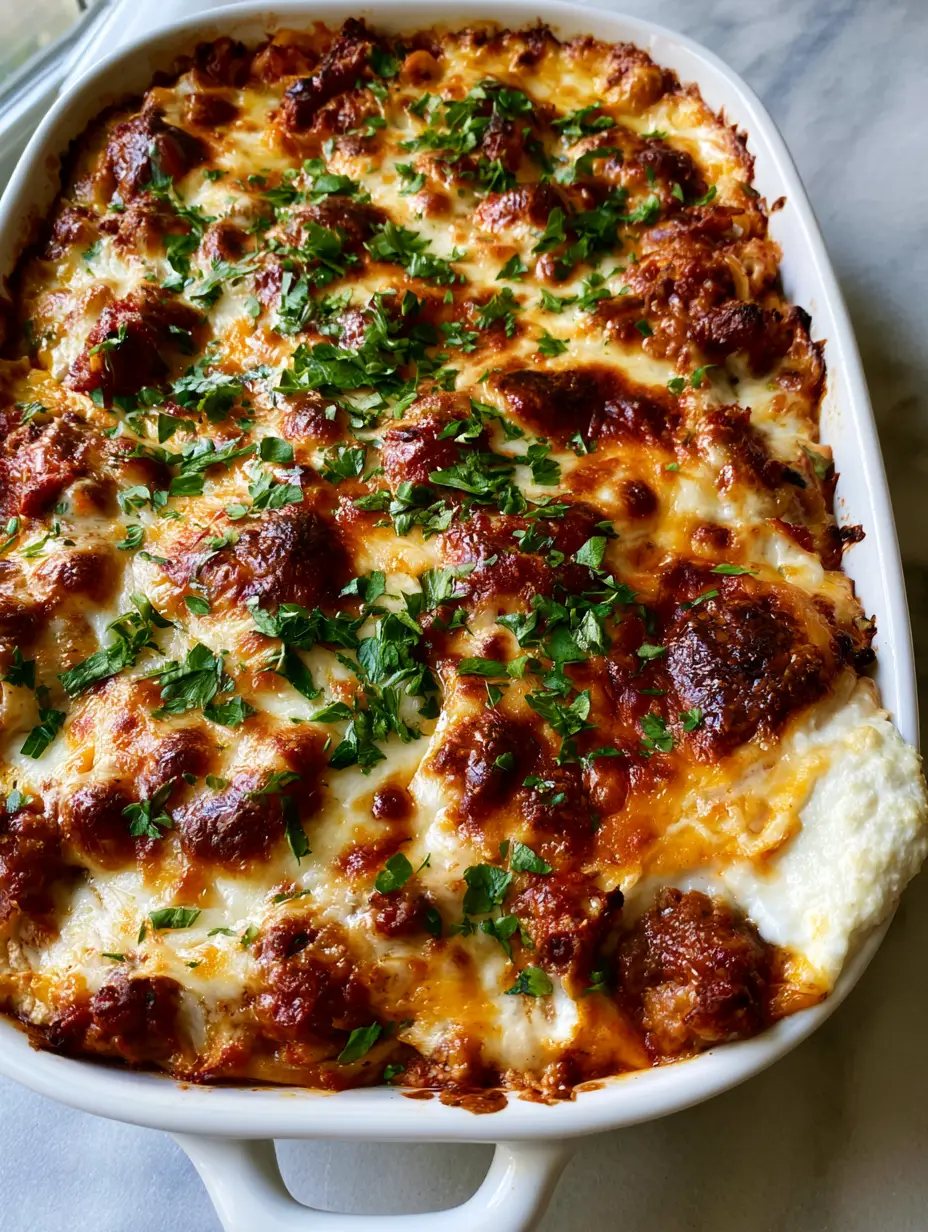 Baked Spaghetti Casserole: The Ultimate Million Dollar Pasta Bake 4 Smartphone photo of Million Dollar Baked Spaghetti Casserole showing deep red marinara and a velvety white cheese layer peaking out.