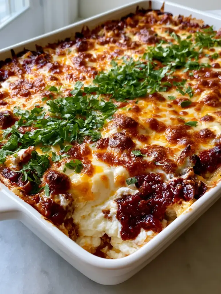 Baked Spaghetti Casserole: The Ultimate Million Dollar Pasta Bake 1 Close-up of a Baked Spaghetti Casserole slice showing the thick cream cheese and ricotta middle layer.