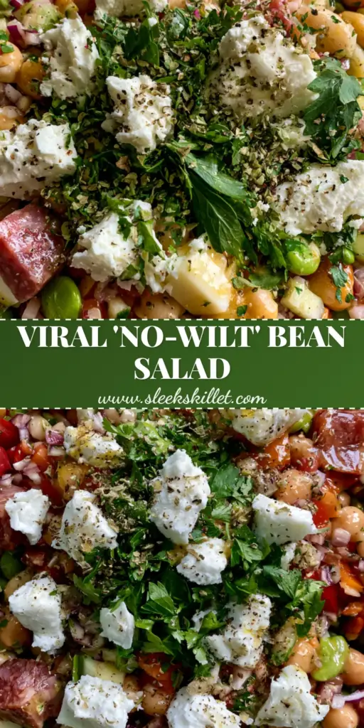 A top-down handheld smartphone photo of a vibrant dense bean salad in a glass bowl featuring chickpeas, salami, and feta. (dense bean salad recipes)