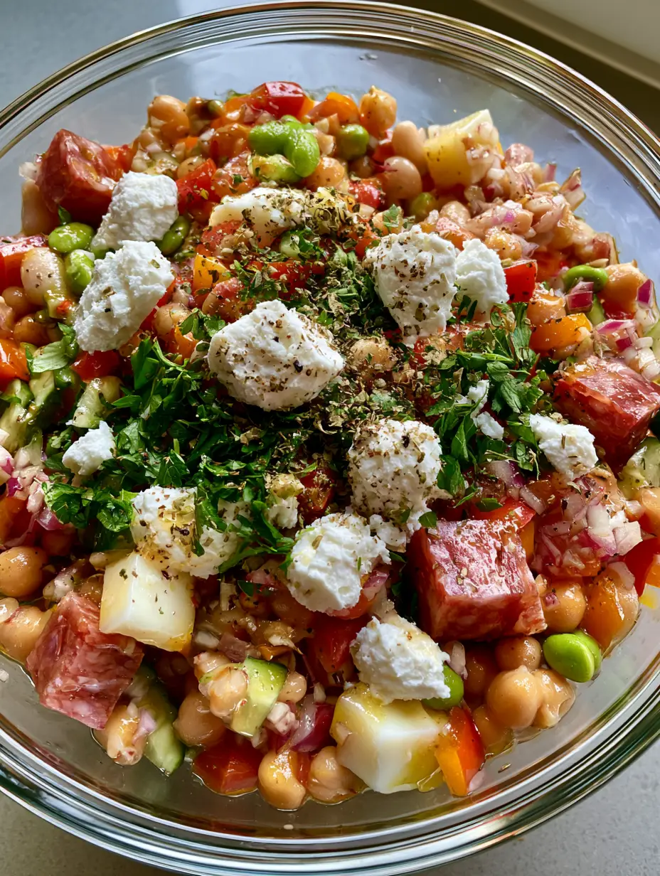 A close-up of glossy chickpeas and cannellini beans mixed with thick salami chunks and bright green edamame. (dense bean salad recipes)