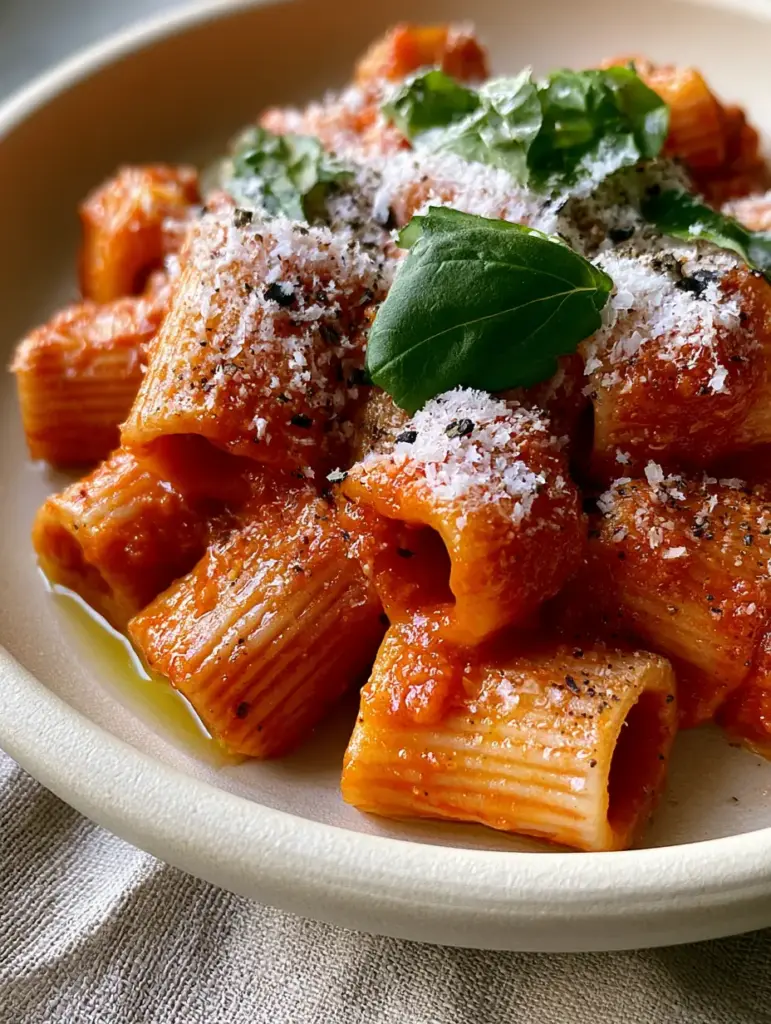 Authentic Italian Recipes: The Ultimate Roman Rigatoni with Glossy Tomato Sauce 1 Top view of rigatoni with snowy pecorino romano and fresh torn basil leaves.