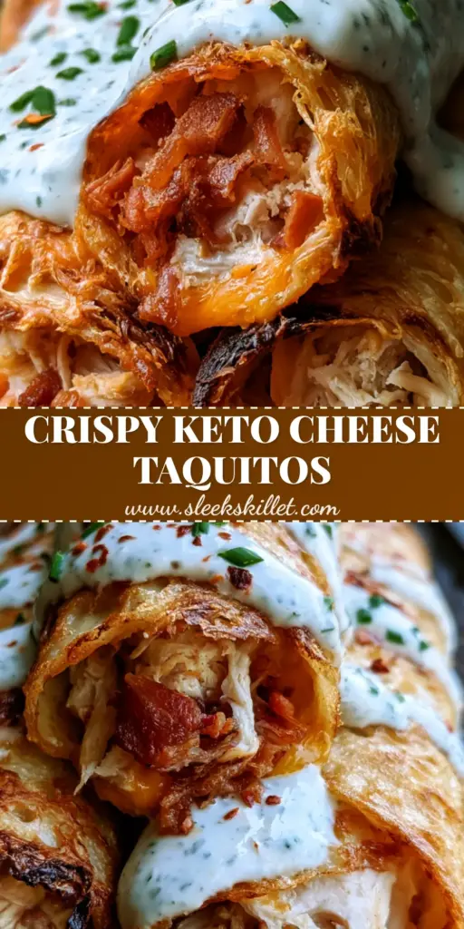 A stack of three crispy Keto Chicken Bacon Ranch Taquitos on a dark wood board, showcasing lacy charred cheese shells and creamy ranch drizzle.