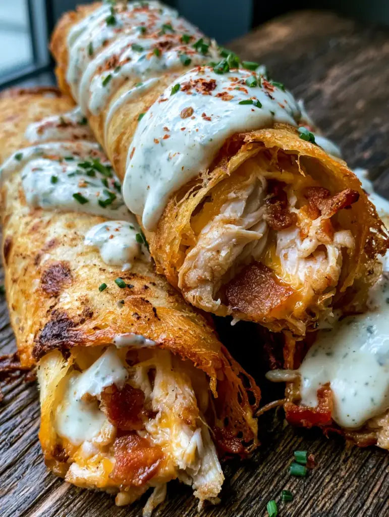 Close-up of keto taquitos garnished with fresh chives, red pepper flakes, and peppercorn ranch dressing.