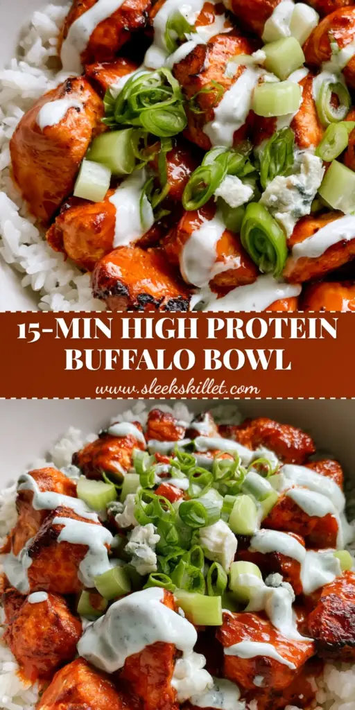 A minimalist matte white bowl filled with buffalo chicken bowls, featuring charred chicken in glossy orange sauce, zig-zag ranch, and green scallions.