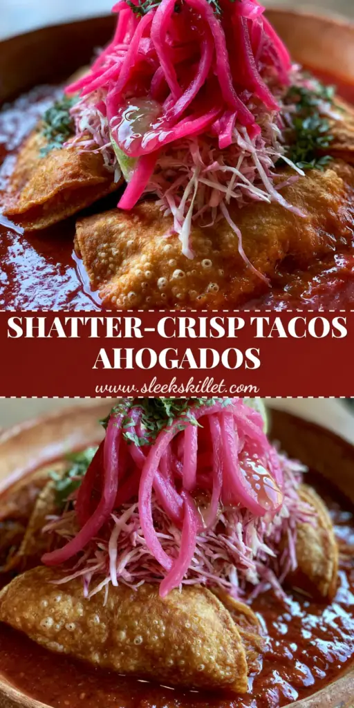 Tacos Ahogados: The Ultimate Crispy Drowned Tacos Recipe 4 Three golden-brown crispy Tacos Ahogados submerged in vibrant red tomato-habanero salsa in a rustic clay bowl.