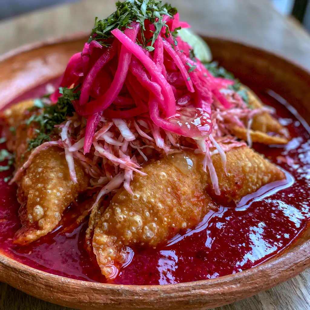 Tacos Ahogados: The Ultimate Crispy Drowned Tacos Recipe 2 Handheld photo of Tacos Ahogados with neon-pink pickled onions and shredded cabbage in a salsa bath. (Tacos Ahogados)