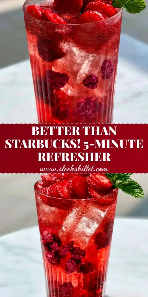 A handheld macro photo of a tall ribbed glass containing a translucent red strawberry acai refresher with clear architectural ice, fresh strawberry slices floating on top, and a mint sprig garnish on a marble surface.