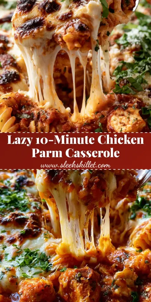 Chicken Parmesan Casserole: The Ultimate Cheesy Rotini Bake 4 A close-up shot of Chicken Parmesan casserole being lifted with a spoon, showing long cheese strings and golden chicken.