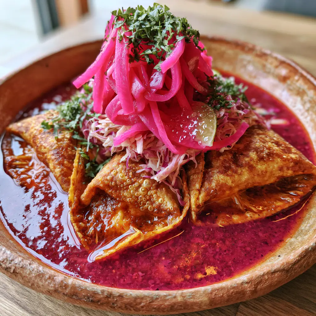 Tacos Ahogados: The Ultimate Crispy Drowned Tacos Recipe 1 Close-up of Tacos Ahogados showing the shattered-glass texture of the corn tortilla and deep red salsa.