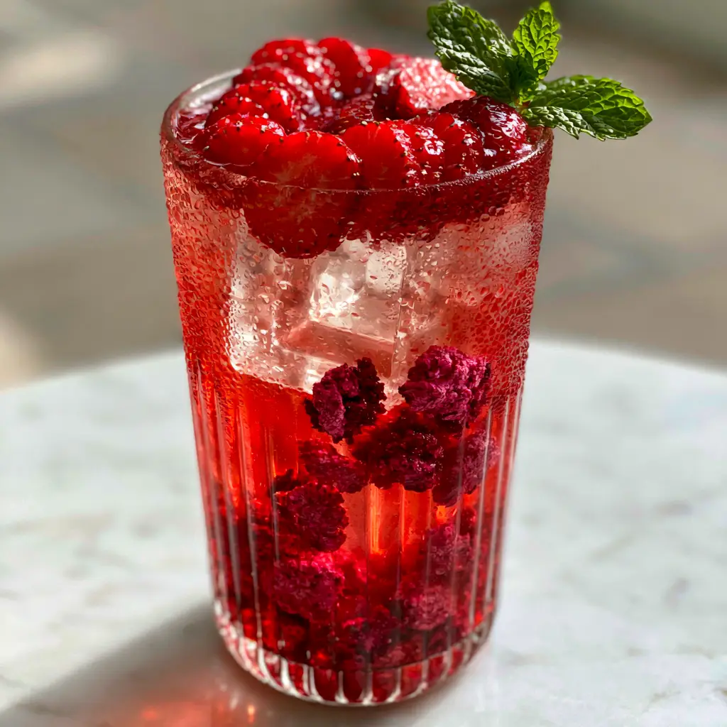 Close up macro view of a strawberry acai refresher glass showing fine condensation droplets and architectural clear ice cubes submerged in red liquid.