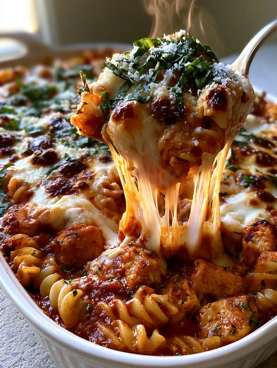 Chicken Parmesan Casserole: The Ultimate Cheesy Rotini Bake 3 Extreme close-up of Chicken Parmesan casserole in a white dish with rotini, crimson sauce, and blistered mozzarella.