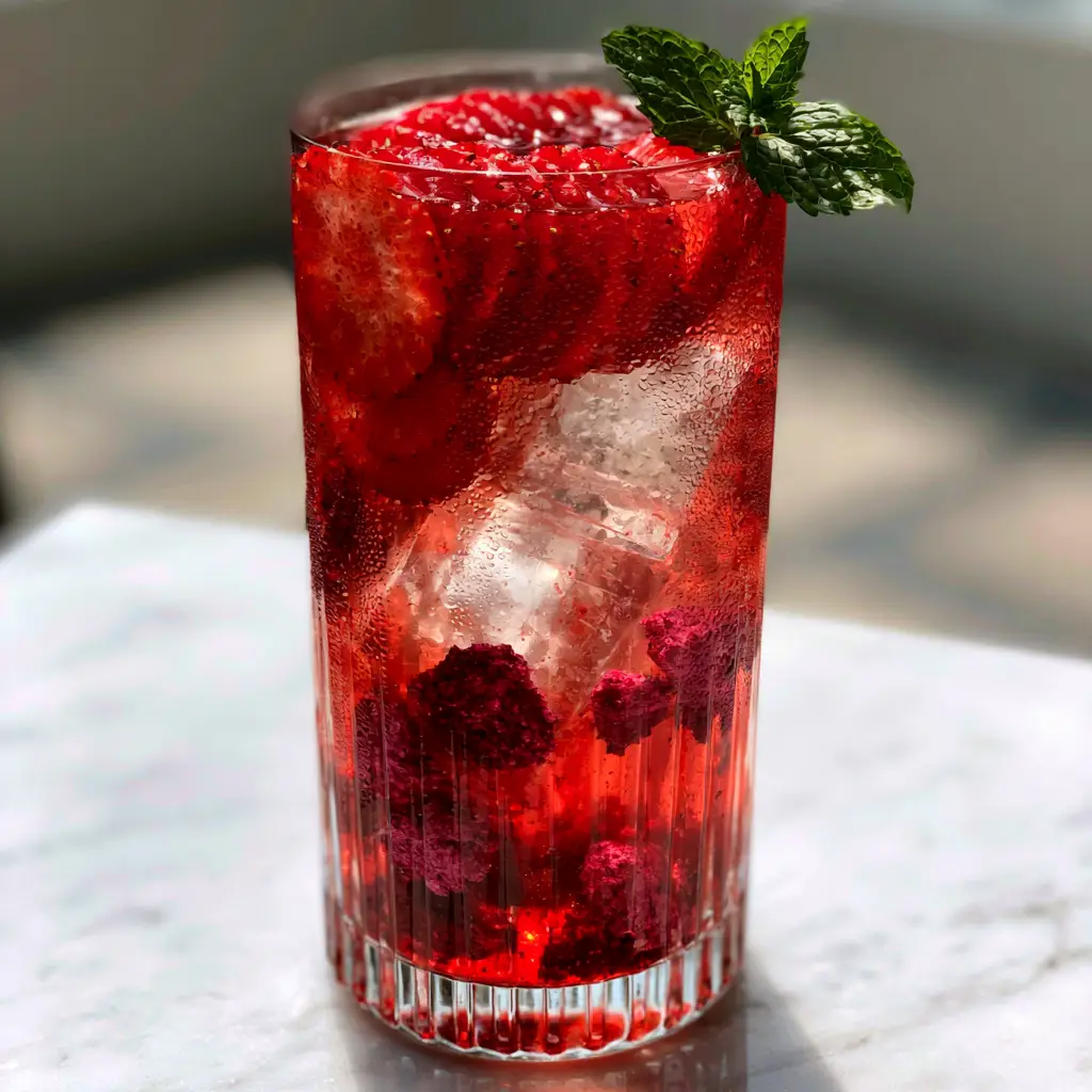 Vibrant red strawberry acai refresher in a ribbed glass with backlit morning sun creating a glowing effect on the liquid and fresh strawberry rounds.