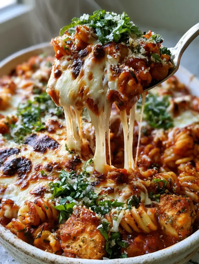 Chicken Parmesan Casserole: The Ultimate Cheesy Rotini Bake 1 Side-lit shot of Chicken Parmesan casserole highlighting the steam rising and emerald green basil chiffonade garnish.