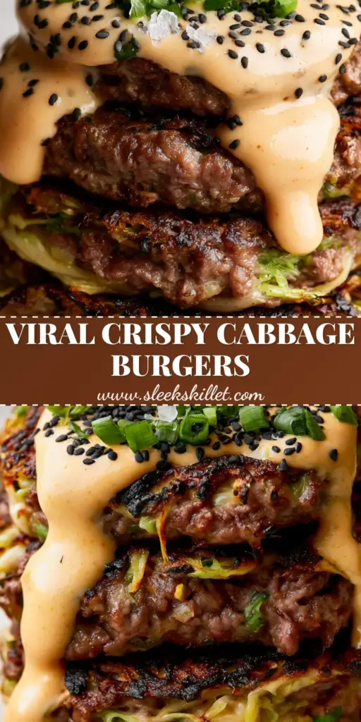 Cabbage Burgers with Charred Ribbons and Garlic Aioli 4 A stack of three thick cabbage burgers on a plate, featuring charred cabbage ribbons, a glossy orange aioli drizzle, and black sesame seeds. (cabbage burgers)