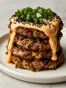 Macro shot of seared ground beef and charred green cabbage strands in a cabbage burger patty. (cabbage burgers)