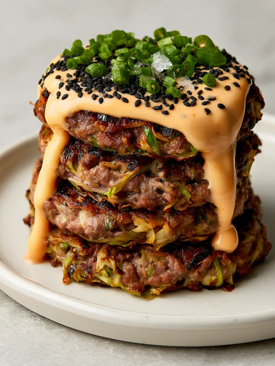 Cabbage Burgers with Charred Ribbons and Garlic Aioli 3 Macro shot of seared ground beef and charred green cabbage strands in a cabbage burger patty. (cabbage burgers)