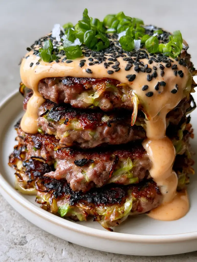 Cabbage Burgers with Charred Ribbons and Garlic Aioli 1 Close-up of a cabbage burger stack with thick garlic aioli dripping down the side and a dusting of sesame seeds. (cabbage burgers)