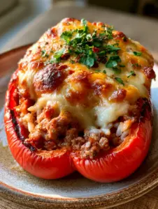 A macro photo of a halved red pepper showing the savory ground beef filling and charred edges. (ground beef stuffed peppers recipe)