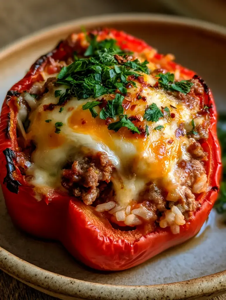 Ground Beef Stuffed Peppers Recipe: The Ultimate Guide to Perfect Charred Edges and Melty Cheese 1 Top-down view of stuffed peppers with a thick blanket of melted mozzarella and golden brown toasted cheddar spots.