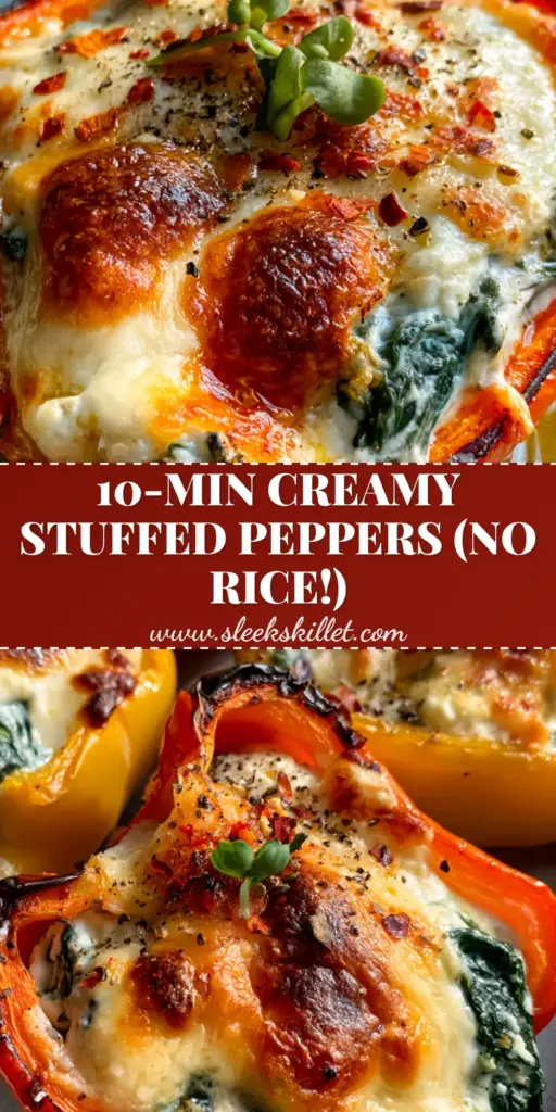 Spinach and Ricotta Stuffed Peppers with a Toasted Parmesan Crust 4 A top-down view of vibrant red and yellow Spinach and Ricotta Stuffed Peppers in a matte grey dish, featuring bubbling mozzarella and fresh micro-basil garnish.